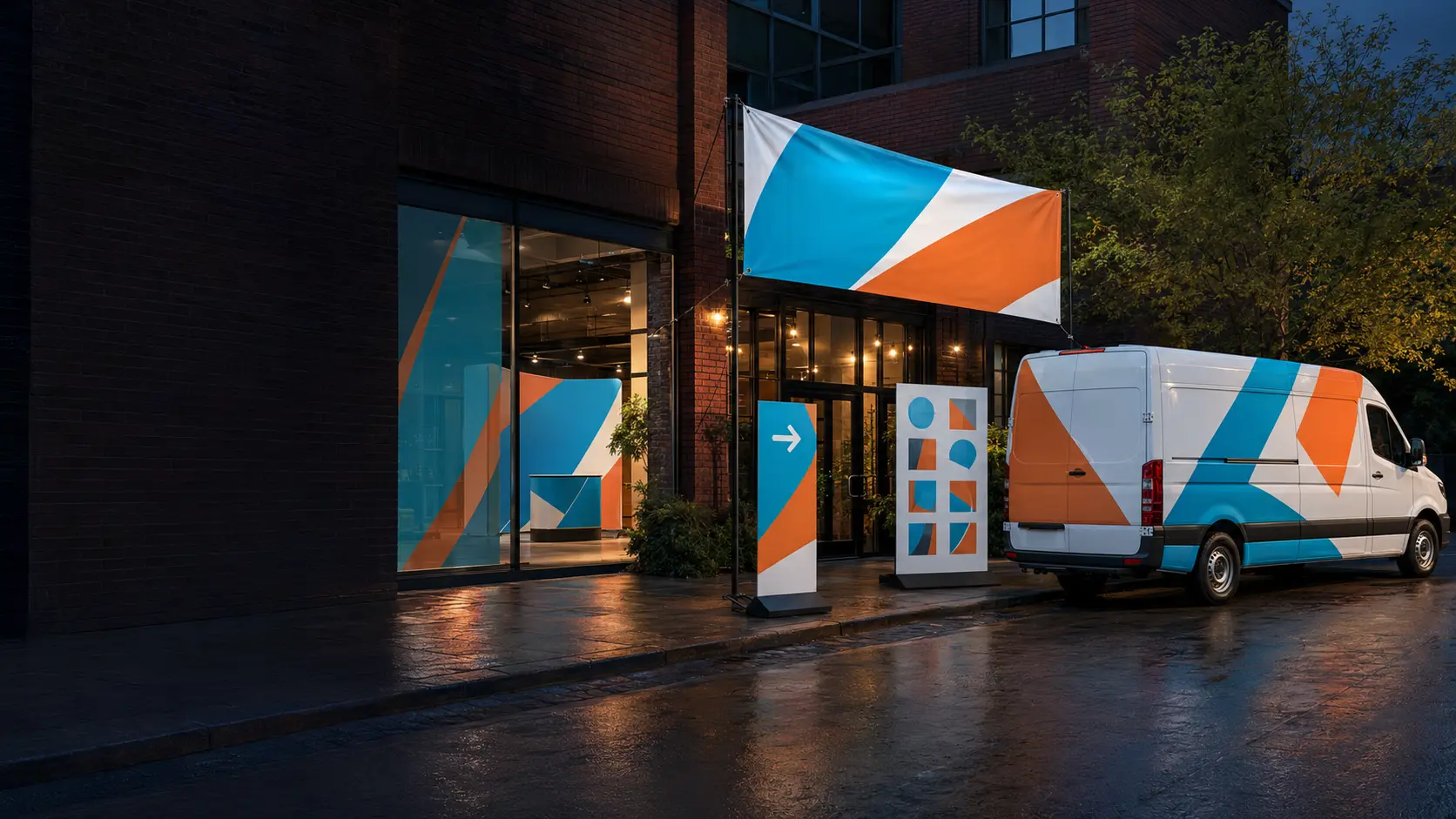 Concept montage of a wrapped service van, storefront graphics, event banner and coordinated display signs